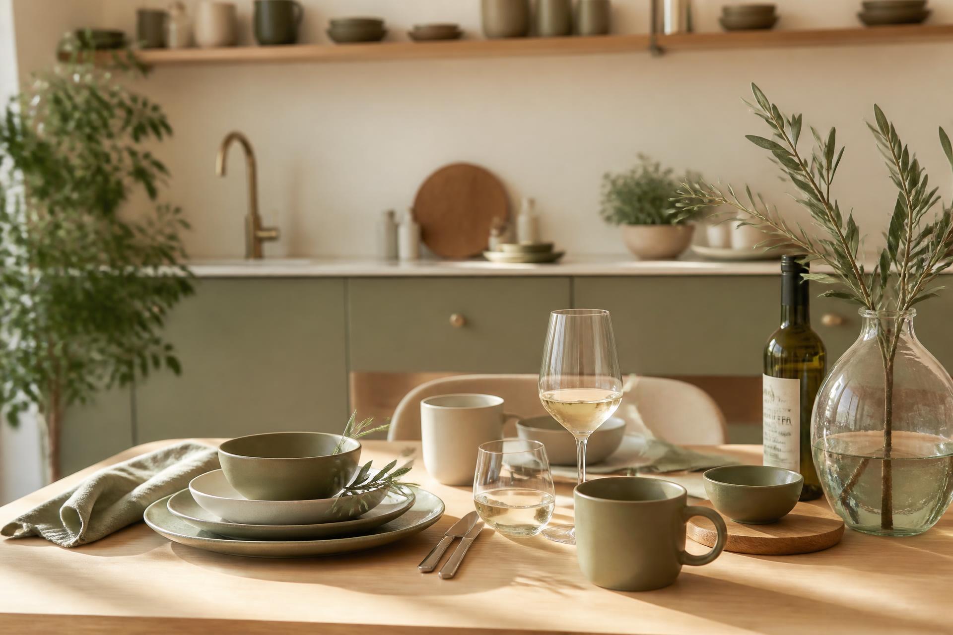 Modern kitchen scene with premium dinnerware and glassware